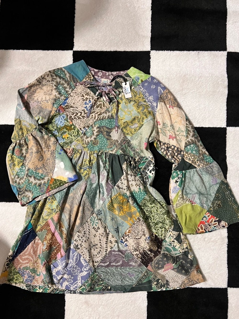 Boho Patchwork Green Multi Mini Dress with Bell Sleeves